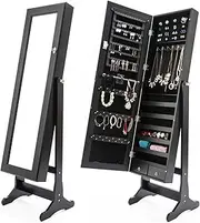 La Bella LOWE Full-Length Mirror Jewellery Cabinet – Lockable Standing Organizer with Drawers, Hooks & Slots – Large Storage for Earrings, Rings & Accessories – Black