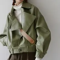 在飛比找ETMall東森購物網優惠-外套女牛油果綠色短款春秋小皮衣