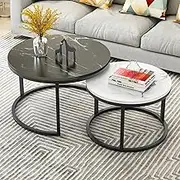 Nesting Coffee Tables Set of 2 ，Furniture Round Living Room Table Sets Stacking Side Tables with MDF Top and Black Metal Frame for Bedroom Decorations(B)