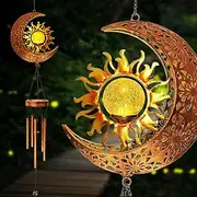 Solar Wind Chimes-Outdoor Outside Garden Decorative Wind Chime Light with Cracked Ball-Waterproof Metal LED Hanging Chime Decor (Moon&Sun)