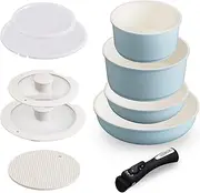 Iris Ohyama Frying Pan with Handle Removable, 9-Piece Set, IH Gas Fire, 10.2 inches (26 cm), 7.9 inches (20 cm), Compact Storage, Lightweight, Ceramic Color Pan, Blue