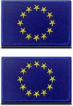 Pack of 2 PCS Tactical EU Flag Patch - Blue European Union Patch- Hook & Loop Embroidered Fastener-Team Work Uniform Clothes Bags Cap Vest Dog Harness Sew on Military Emblem Patches
