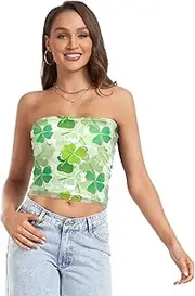 [RPLIFE] Green Clovers Cropped Tube Top Women Strapless Top, Sheer Tube Tops, Sexy Tube Tops (S)