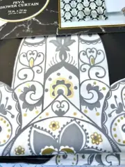 HAMSA HANDS DESIGN PEVA SHOWER CURTAIN BLACK METALLIC GOLD WHITE GRAY ORNATE