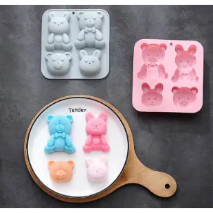 附包裝袋(156) DIY樂樂 6連卡通兔子與熊 矽膠模具 果凍模 巧克力模型 冰塊模型 手工皂模 製冰盒 餅乾模具