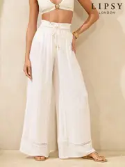 Lipsy White Wide Leg Sparkle Stripe Beach Trousers (AV6663) | $54