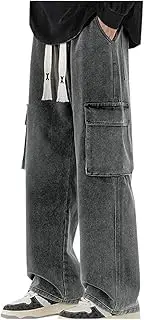 Mens Casual Straight Cargo Pants Wide Leg Jeans Drawstring Lounge Pants with Side Pockets Trendy Trousers Streetwear