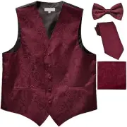 New Men's Paisley Tuxedo Vest Waistcoat & necktie & Bow tie & Hankie Burgundy