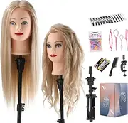 24 Inch Mannequin Head 70% Human Hair with Stand,Real Hair Mannequin Head for Braiding,Cosmetology Manikin Doll Head for Styling with Mannequin Head Stand Table Clamp Hair Braiding Set
