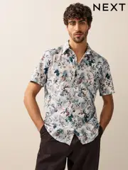 Ecru Hawaiian Regular Fit Print Short Sleeve Shirt (AD0426) | $64
