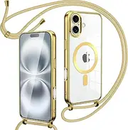 Magnetic Mobile Phone Chain with Strap for iPhone 16 Plus Case - Necklace Mobile Phone Case Transparent for Hanging with Adjustable and Removable Chain, Crossbody Magnet Clear Cover (Silver)