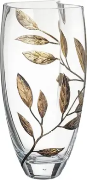 Luxury Hand Blown Glass Vase - Decorated with Etched, Painted Leaves - Gift Box