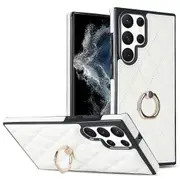 For Samsung Galaxy S22 Ultra 5G Cell Phone Case Imprinted Rhombus Grid Ring Leather Coated TPU Cover