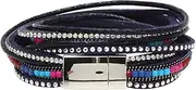 [Lova Jewelry] Black Rainbow Leather Twirl Metal Clasp Clear Crystals Statement Bangle Bracelet