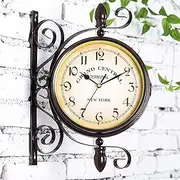 Garden Wall ClockWaterproof,16Inch/40cm Classical Rotation Double Sided Train Station Clock,Vintage Round Clock for Patio, Garden, Pool Or Hanging Outside/27/1934 (Color : B)