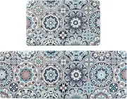 Jabogrii Anti Fatigue Kitchen Mat Set of 2 Blue Cushioned Kitchen Rugs Comfort Floor Mat PVC Waterproof Non Slip Kitchen Carpet Rug Runner for Sink Laundry 17"x48"+17"x28"