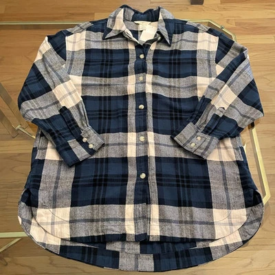 H&M Plaid Flannel NWT Longline Button Down Top Women's Size S