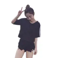 在飛比找蝦皮商城優惠-韓國chic原宿風條紋寬鬆短版露肚短袖T恤