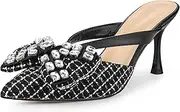 [Allegra K] Women's Pointed Toe Sparkly Rhinestone Bow Stiletto Heels Mules