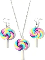 [NewZenro] Cute Colorful Lollipop Rainbow Earrings Necklace Set for Women Soft Clay Lovely Sweet Candy Sugar Charm Hanging Statement Dangling Hook Hypoallergenic Fashion Jewelry for Daughter Bff Xmas, Standard