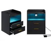 Advwin Bedside Table Set of 2 LED Nightstand 2 Drawers Wireless Charging Station Smart Control Black