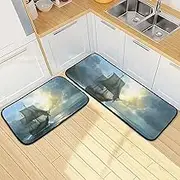 YXYZRMY Kitchen Mats for Floor, 2 Piece, Sea Peace Ship Funny Cute Washable Non-Slip Kitchen Rugs Set for Home & Office, Sink, Laundry, 19.7” x 27.6” + 19.7” + 47.2”