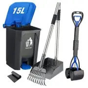 Pooper Scooper Large Bin,Metal Rake & Tray for Large & Small Dogs 28" Navy blue
