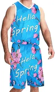 [KQNZT] Basketball Jerseys Shorts Sport Set, Jerseys for Men, Men's Athletic Basketball Jersey, Hello Spring Spring Pink Flowers