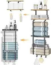 ATSKIM Bath Towel Storage for Small Bathroom with Detachable Wood Shelf, 2 Tier Towel Rack Wall Mounted for Rolled Towel Holder for Bathroom Wall, Metal Bath Towel Organizer with 3 Hooks (Metal)