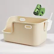 Cat Litter Box Extra Large with High Side, XXL Cat Litter Tray for Big & Multiple Cats Includes Litter Scoop and 3 Roll of Poop Bags (Beige)