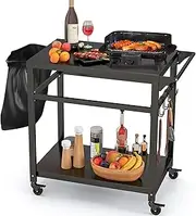 Giantex Outdoor Grill Cart - Pizza Oven Stand Table with Lockable Wheels, Double-Shelf Outdoor Cooking Prep Table with Garbage Bag Holder, Removable Hooks, Movable Dining Cart for Kitchen BBQ Party