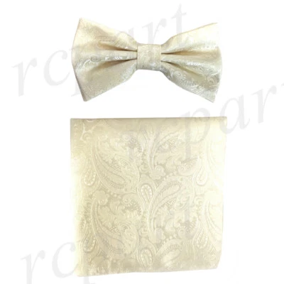 New Men's micro fiber Pre-tied Bow tie & hankie cream paisley formal