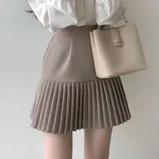 Long-Sleeve Layered Collar Plain Heart Button Blouse / High Waist Plain Accordion Pleated Mini A-Line Skirt Skirt - Khaki - L