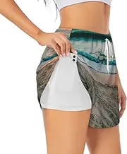 [WURTON] Beach Sunset Theme Print Exercise Gym Workout Shorts Women's Athletic Shorts Dual-Layered Yoga Running Shorts