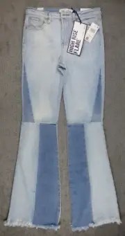 Almost Famous Patchwork High-Rise Flared Jeans Ruff Ankle Medium Wash SZ 3 NWT