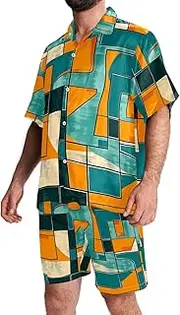 [KQNZT] Mens Hawaiian Sets, Men's 2 Pieces Shirt Sets, Mens Beach Outfit, Modern Geometric Pattern Blue Abstract Ocean, Mens Summer Outfits