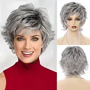 Brown Short Curly Wig with Bangs: Mixed Brown and Blonde Pixie Cut, Layered Synthetic Hair Replacement Wig (Gray)