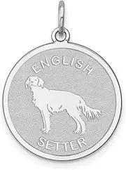[JewelryWeb] 925 Sterling Silver Solid Faceted Laser Etched English Setter Disc Charm 26x19mm Wide Pendant Necklace for Women