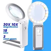 30X 10X Magnifying Glass with Light and Stand Foldable Handheld Magnifying Glass 18 LED Illuminated Lighted Magnifier for Macular Degeneration Seniors Reading
