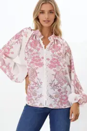 Nicola Blouse - Mandarin Collar Button Down Linen Blouse in Sorrel Print