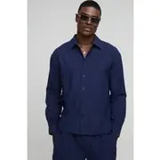 Mens Navy Oversized Long Sleeve Collared Linen Shirt