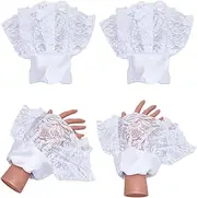 [HOBBIESAY] 2 Pairs Lolita Lace Gloves White Wrist Lace Cuffs Short Lace Fingerless Gloves Lace Elastic Bracelet Wrist Cuff for Women Tea Party Halloween Cosplay Wedding Masquerade, White, 19cm