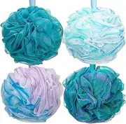 Vivva 4Pack 15cm Bath Shower Sponge Loofahs Mesh Brush Shower Pouf Ball Shower Essential 75g/PCS for Body Wash Bathroom Men Women Kids Scrubber Exfoliating (Green-Purple)