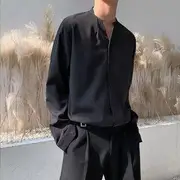 Long-Sleeve Plain Button-Up Shirt Black - XL