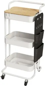 3 Tier Metal Utility Rolling Cart with Table Top and Side Bags, Metal Tray St...