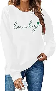 [APRFLOWER] St. Patrick's Day Sweatshirts for Women Lucky Shamrock Clover Print Shirts Irish Gift Casual Long Sleeve Loose Tops, White, Large