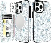uCOLOR for iPhone 13 Pro Max Wallet Case Magsafe with Card Holder Slot【Compatible with MagSafe】 Folio Flip PU Leather Double Magnetic RFID Design 6.7 inch (Blue Toile Flowers)
