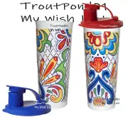 Tupperware 16 Oz Tumbler with Flip Top Seal Lid Talavera Design Red Blue Set 2