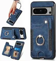 for Google Pixel 8 Pro Phone Case Wallet with Card Holder,PU Leather Flip Folio Case,RFID Blocking Ring Holder Kickstand Wrist Strap Magnetic Protective Women Men Cover for Google Pixel 8 Pro Blue
