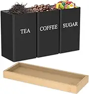 UKQRRTC 3Pcs Metal Tea Coffee Sugar Canisters with Bamboo Lid and Tray, Tea Coffee Sugar Storage Jars, Space Saving Food Storage Jars for Kitchen Counter (Black)